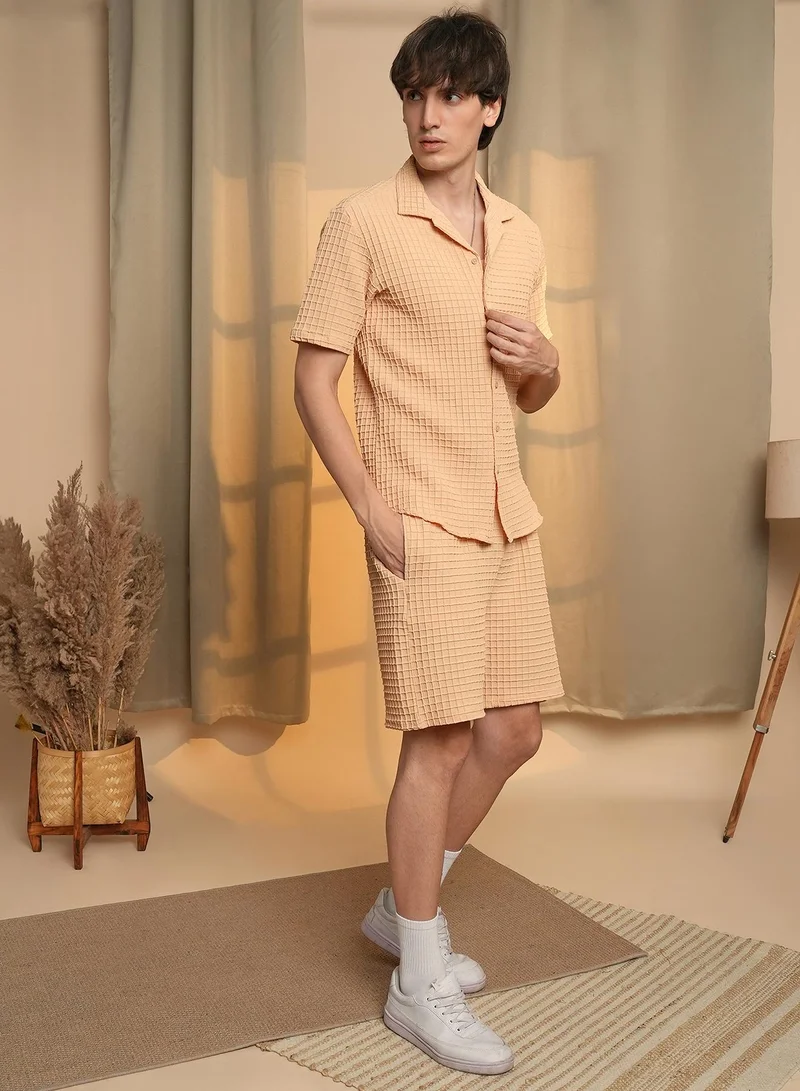 CAHOOT  Men's Canvas Beige Waffle-Textured Co-Ord Set For Casual Wear | Cuban Collar | Short Sleeve | Button Closure | Co-Ords Crafted With Comfort Fit For Everyday Wear for Men | Best Price UAE